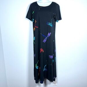 Vintage Womens 90s Maxi Dress Sz S Dragonfly Print Mumu Kaftan Cotton USA Black